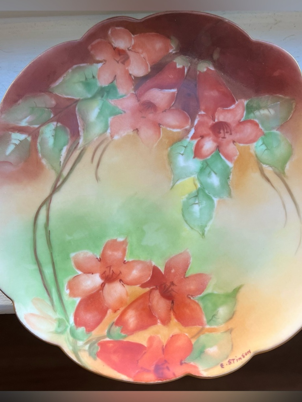 Austrian Hand Painted Burnt Orange Floral Plate Signed